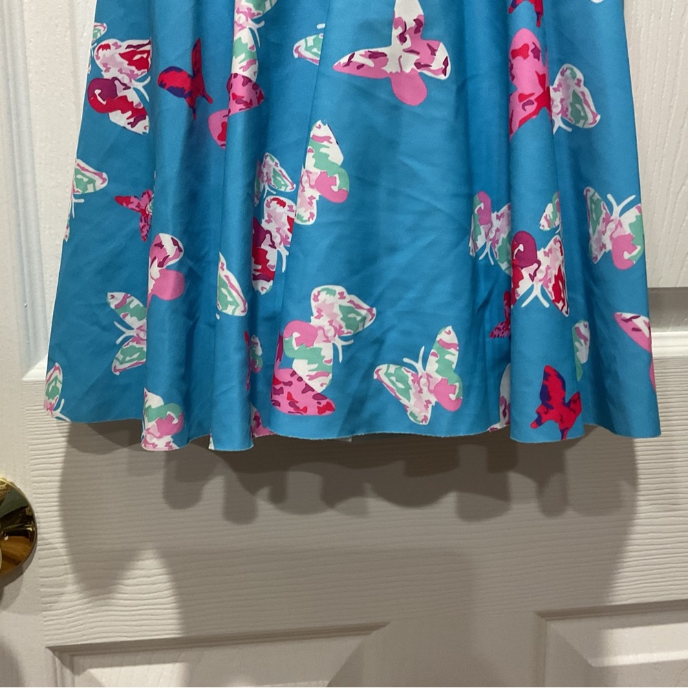Suit swim dress with built-in shorts in blue w/ pink, green, white butterflies M - Picture 3 of 10